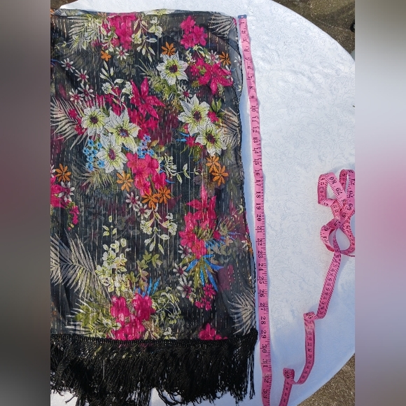 Kimono Black Pink Gold Floral Sheer Fringe Cardigan One Size - Picture 6 of 10
